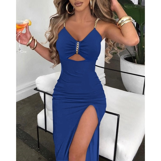 Emma V-Neck Chain High Slit Dress