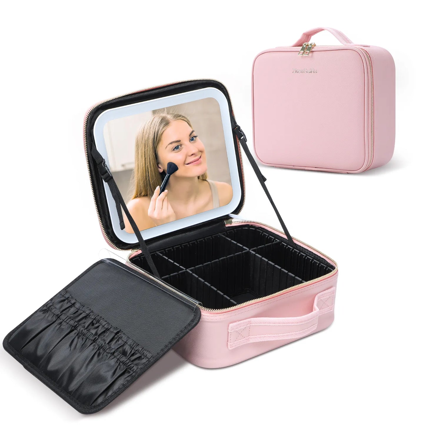 Sweet and Blush Makeup Travel Case - Adjustable Brightness LED Mirror and Adjustable Dividers