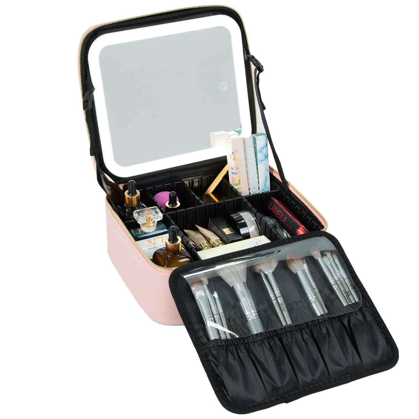 Sweet and Blush Makeup Travel Case - Adjustable Brightness LED Mirror and Adjustable Dividers