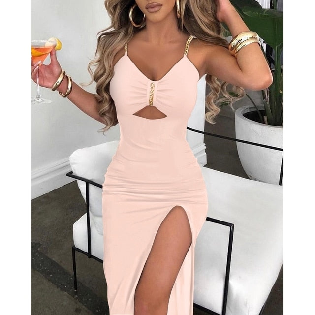 Emma V-Neck Chain High Slit Dress