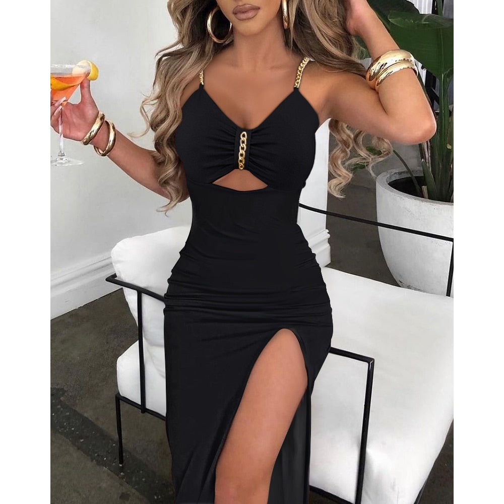 Emma V-Neck Chain High Slit Dress