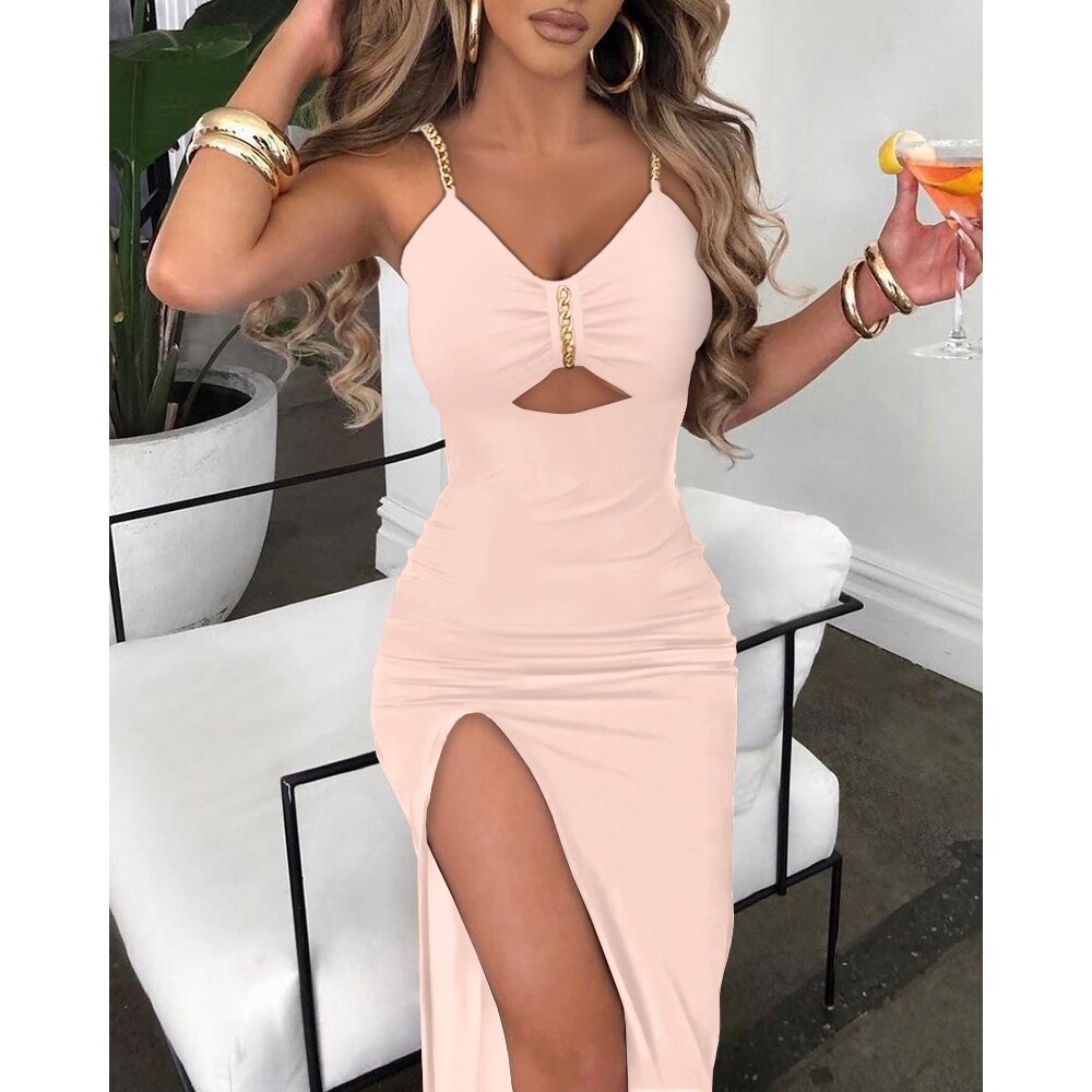 Emma V-Neck Chain High Slit Dress